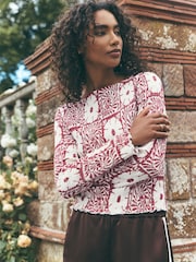 Pink National Trust X Next Shirred Mesh Long Sleeve Button Through Top - Image 1 of 8
