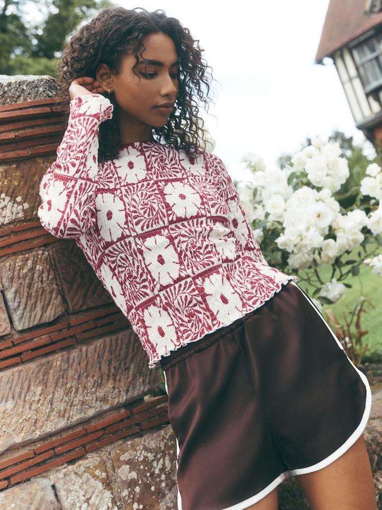 Pink National Trust X Next Shirred Mesh Long Sleeve Button Through Top - Image 2 of 8 Pink National Trust X Next Shirred Mesh Long Sleeve Button Through Top - Image 2 of 8