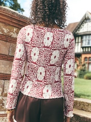 Pink National Trust X Next Shirred Mesh Long Sleeve Button Through Top - Image 4 of 8