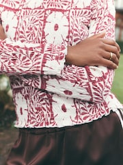 Pink National Trust X Next Shirred Mesh Long Sleeve Button Through Top - Image 5 of 8