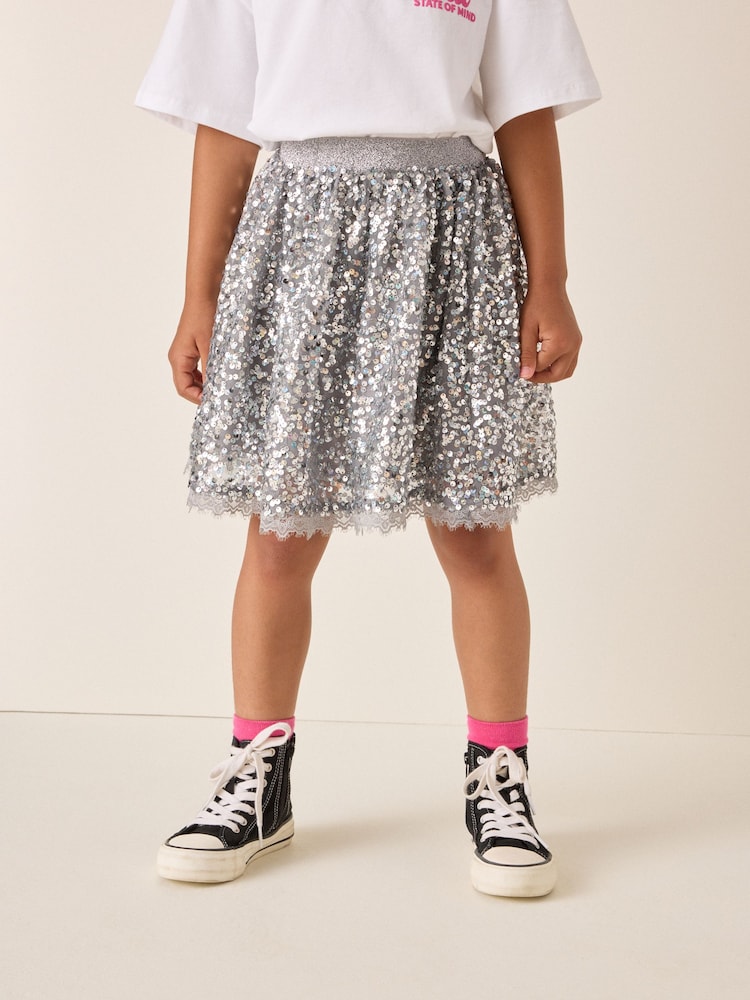 Silver Lace Trim Sequin Skirt (3-16yrs) - Image 1 of 9 Silver Lace Trim Sequin Skirt (3-16yrs) - Image 1 of 9