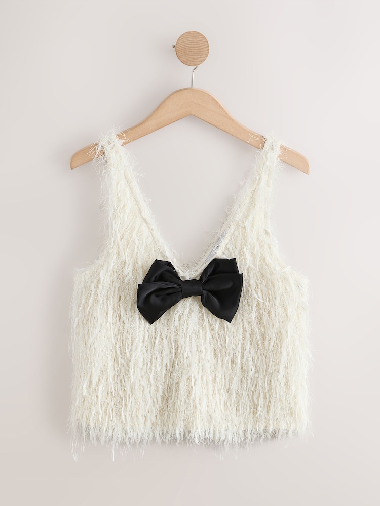 Ecru Sleeveless V-Neck Fluffy Bow Top - Image 8 of 8
