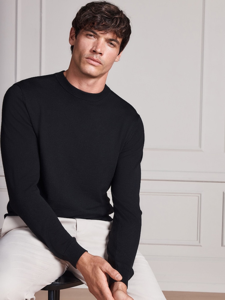 Black Merino Wool Crew Neck Jumper - Image 1 of 5