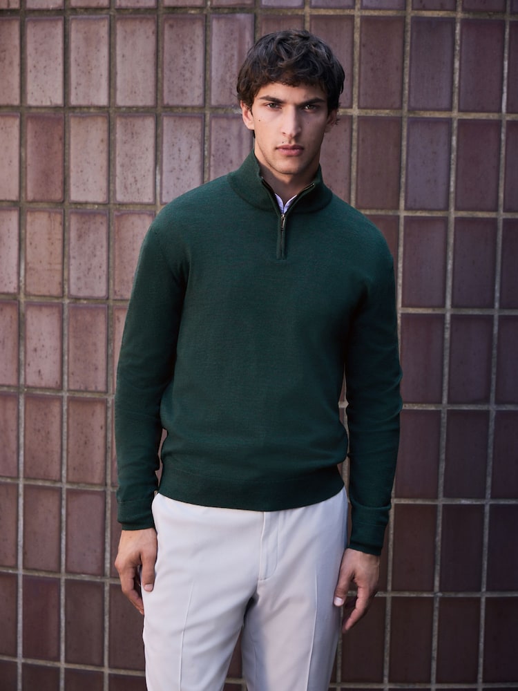 Grön - Merino Wool Signature Quarter Zip Jumper - Bild 1 av 4