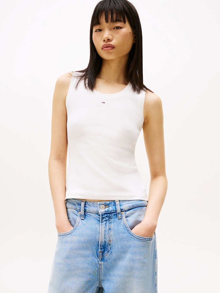 Tommy Jeans White Ribbed Slim Scoop Neck Tank Top - Image 1 of 5 Tommy Jeans White Ribbed Slim Scoop Neck Tank Top - Image 1 of 5