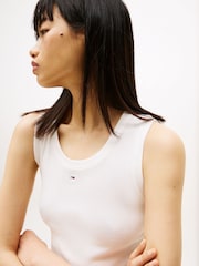 Tommy Jeans White Ribbed Slim Scoop Neck Tank Top - Image 4 of 5