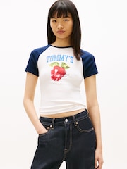 Tommy Jeans White Graphic Slim Raglan T-Shirt - Image 1 of 5