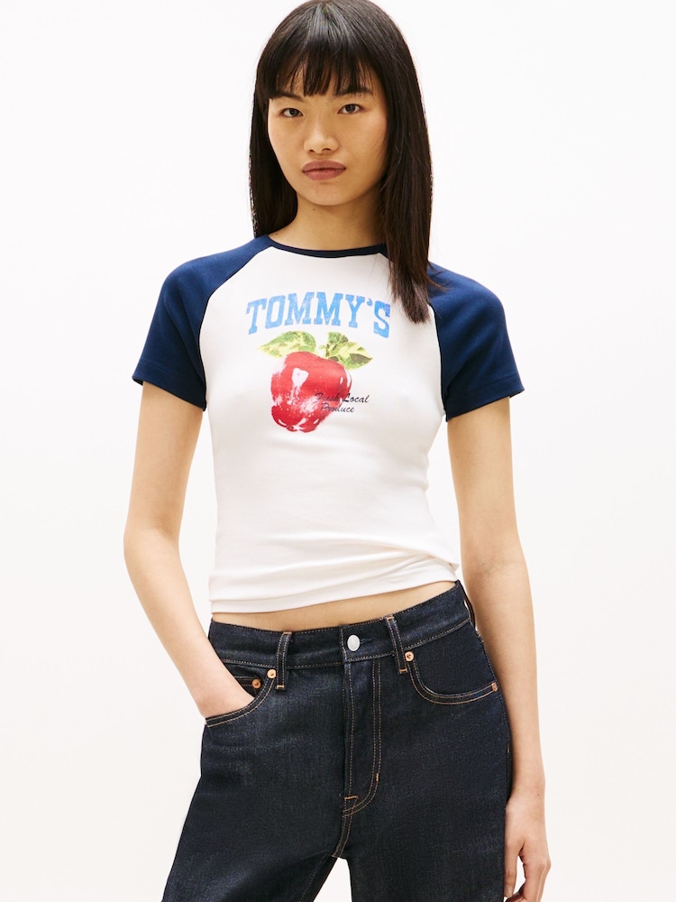 Tommy Jeans White Graphic Slim Raglan T-Shirt - Image 1 of 5