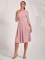 Jolie Moi Pink 3/4 Sleeve Fold Neck Midi Dress - Image 1 of 6