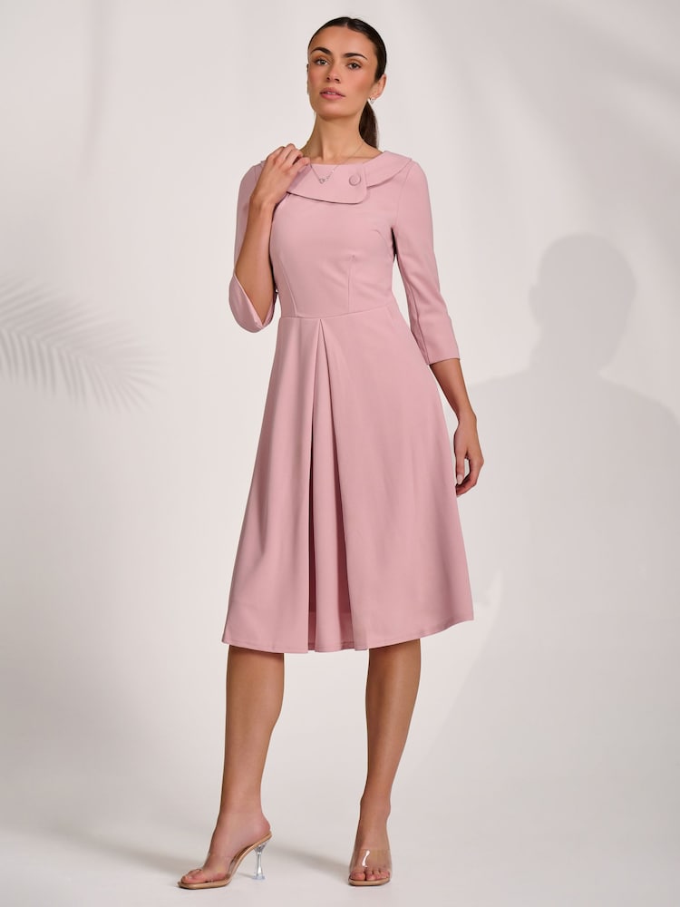 Jolie Moi Pink 3/4 Sleeve Fold Neck Midi Dress - Image 1 of 6