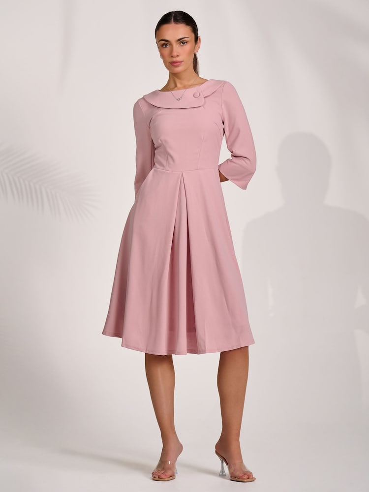 Jolie Moi Pink 3/4 Sleeve Fold Neck Midi Dress - Image 6 of 6
