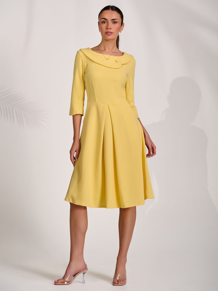Jolie Moi Yellow 3/4 Sleeve Fold Neck Midi Dress - Image 1 of 6 Jolie Moi Yellow 3/4 Sleeve Fold Neck Midi Dress - Image 1 of 6