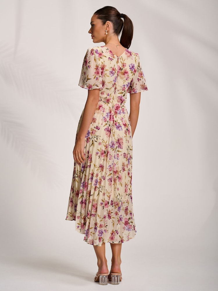 Jolie Moi Cream Printed Chiffon Pleated Maxi Dress - Image 2 of 6 Jolie Moi Cream Printed Chiffon Pleated Maxi Dress - Image 2 of 6