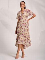 Jolie Moi Cream Printed Chiffon Pleated Maxi Dress - Image 4 of 6
