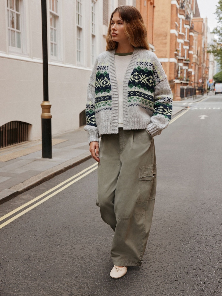 Grey Fairisle Chunky Knit Long Sleeve Open Cardigan - Image 2 of 9 Grey Fairisle Chunky Knit Long Sleeve Open Cardigan - Image 2 of 9