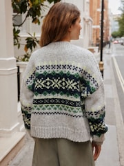 Grey Fairisle Chunky Knit Long Sleeve Open Cardigan - Image 4 of 9