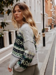 Grey Fairisle Chunky Knit Long Sleeve Open Cardigan - Image 5 of 9