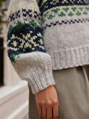 Grey Fairisle Chunky Knit Long Sleeve Open Cardigan - Image 6 of 9