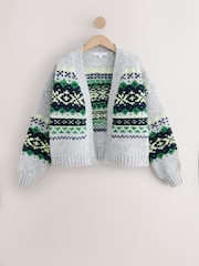 Grey Fairisle Chunky Knit Long Sleeve Open Cardigan - Image 7 of 9