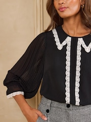 Love & Roses Black Oversized Collar Lace Trim 3/4 Sleeve Blouse - Image 2 of 4