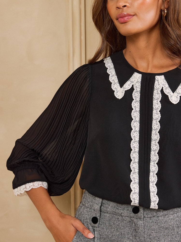 Love & Roses Black Oversized Collar Lace Trim 3/4 Sleeve Blouse - Image 2 of 4