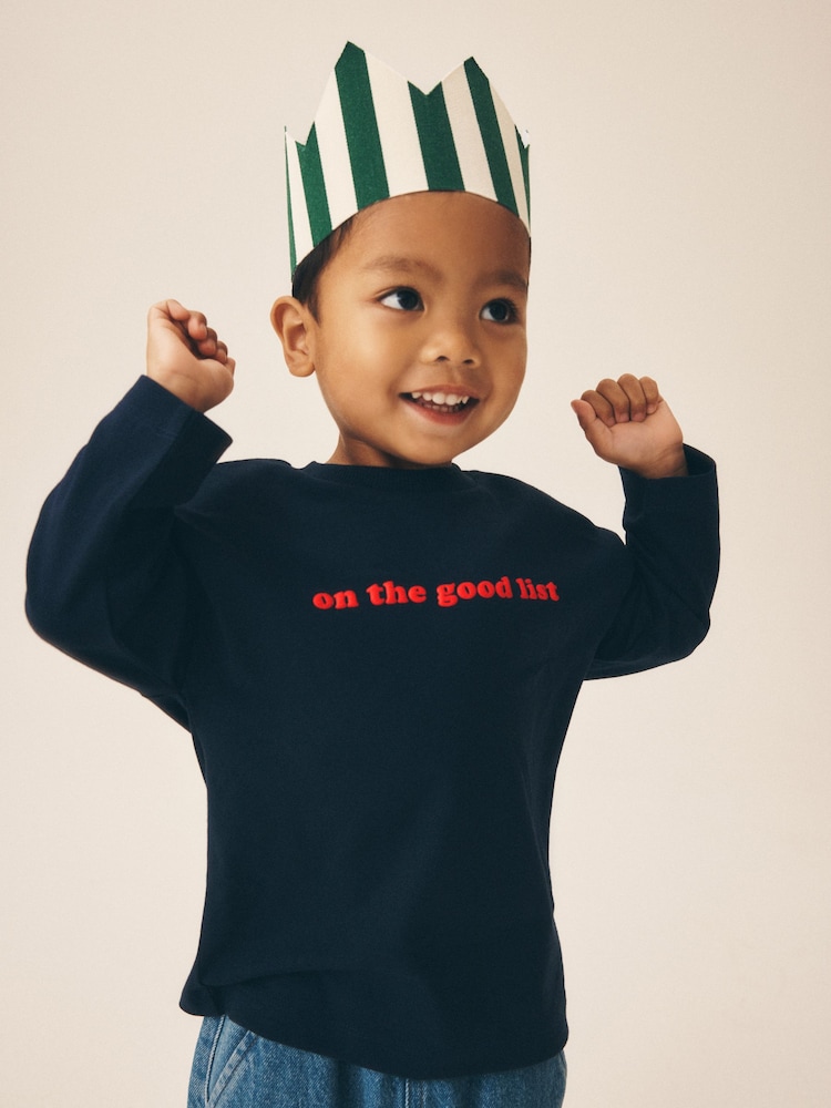 Navy on the good list Slogan Long Sleeve Christmas T-Shirt (3mths-7yrs) - Image 1 of 8 Navy on the good list Slogan Long Sleeve Christmas T-Shirt (3mths-7yrs) - Image 1 of 8