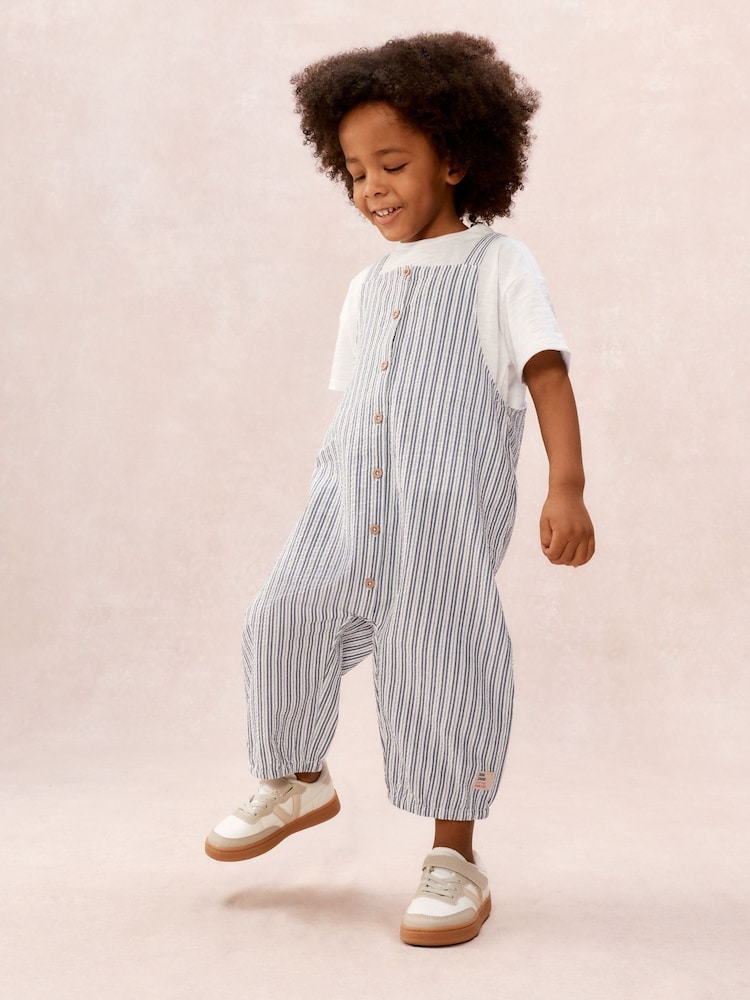 The White Company White Cotton Blend Stripe Seersucker Romper & T-Shirt Set - Image 1 of 4