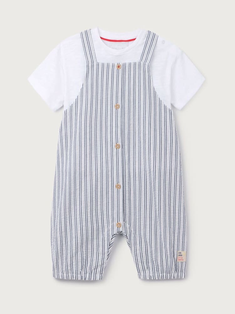 The White Company White Cotton Blend Stripe Seersucker Romper & T-Shirt Set - Image 4 of 4
