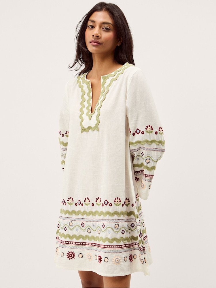 cream floral embroidered dress Creamy Floral Lattice Dress | Embroidered Rust Trim & Ruffled Collar