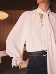 Love & Roses Ivory Lace Cuff Pussybow Blouse - Image 3 of 4