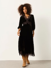 FatFace Libby Chocolate Brown Velvet Midi Dress - Image 1 of 5