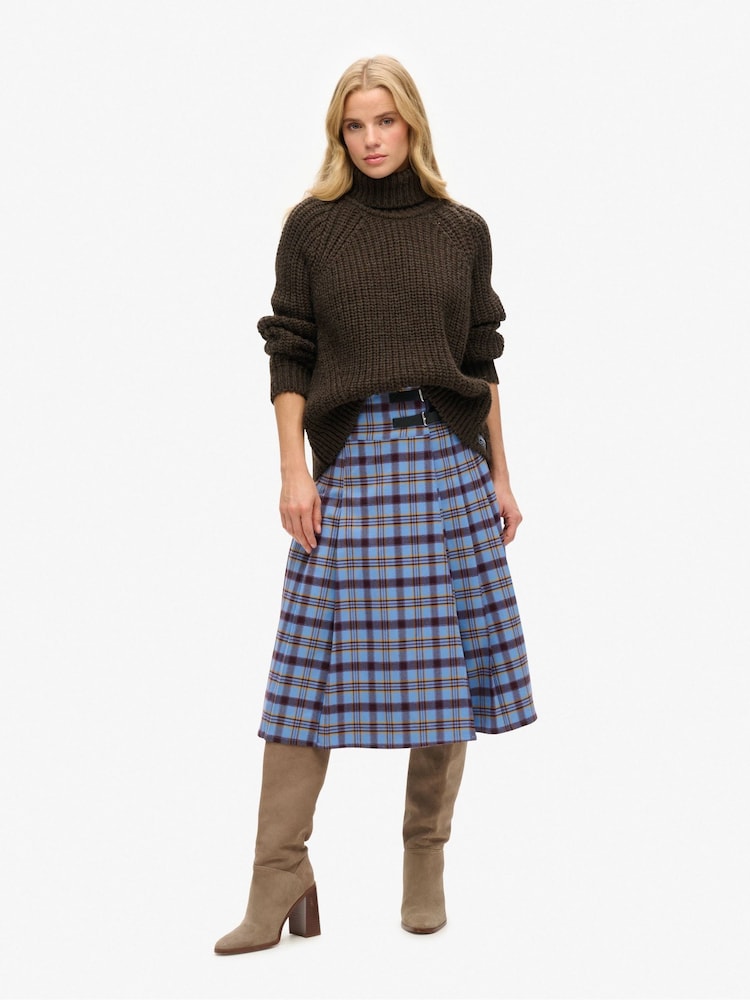SUPERDRY Blue Check Pleated Midi Skirt - Image 1 of 5