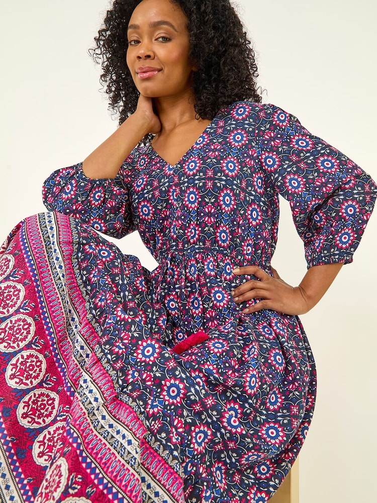 Roman Blue Petite Aztec Border Print Midi Dress - Image 1 of 5 Roman Blue Petite Aztec Border Print Midi Dress - Image 1 of 5