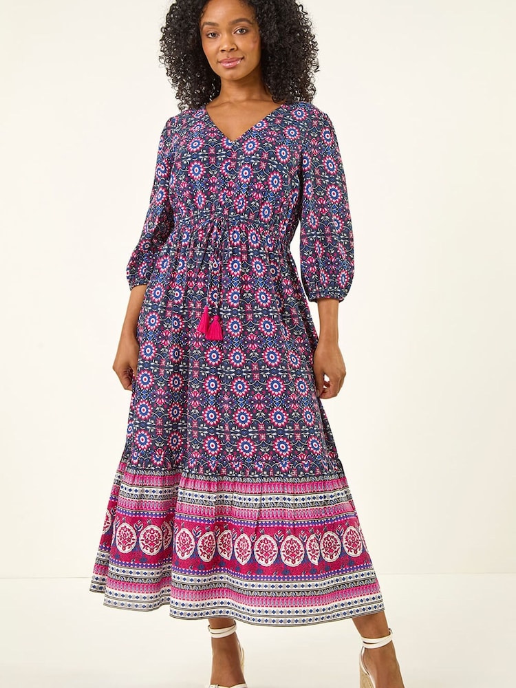 Roman Blue Petite Aztec Border Print Midi Dress - Image 2 of 5 Roman Blue Petite Aztec Border Print Midi Dress - Image 2 of 5