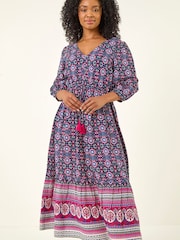 Roman Blue Petite Aztec Border Print Midi Dress - Image 4 of 5