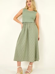 Roman Green Petite Frill Shirred Midi Dress - Image 5 of 9