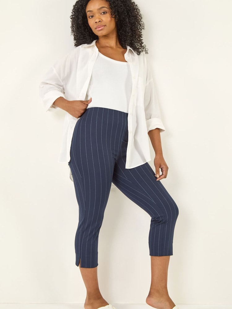 Roman Blue Petite Ponte Stripe Cropped Trousers - Image 1 of 5 Roman Blue Petite Ponte Stripe Cropped Trousers - Image 1 of 5
