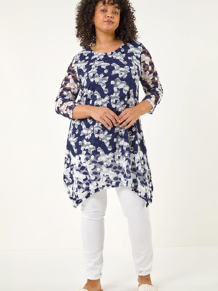 Roman Blue Curve Floral Lace Tunic Top - Image 2 of 5
