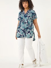 Roman Blue Curve Floral Print Stretch Blouse - Image 2 of 5