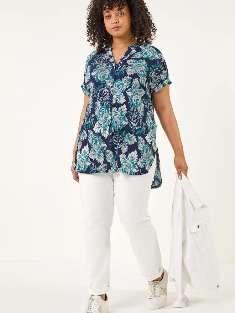 Roman Blue Curve Floral Print Stretch Blouse - Image 2 of 5