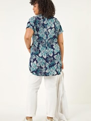 Roman Blue Curve Floral Print Stretch Blouse - Image 3 of 5