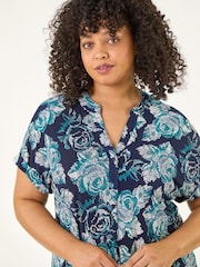 Roman Blue Curve Floral Print Stretch Blouse - Image 4 of 5