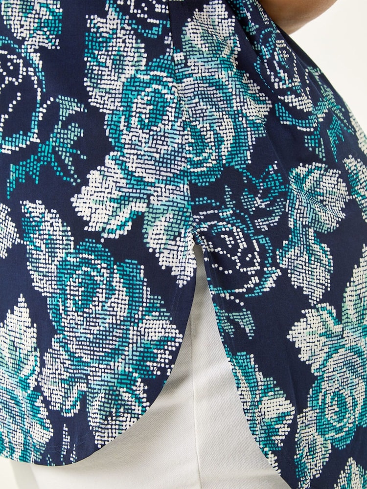 Roman Blue Curve Floral Print Stretch Blouse - Image 5 of 5