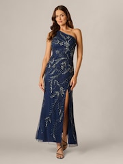 Adrianna Papell Blue Studio Bead Mesh Long Dress - Image 1 of 6
