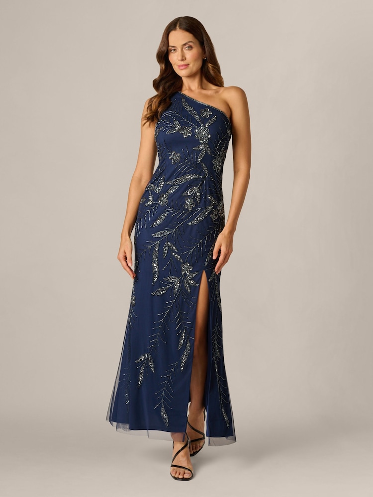 Adrianna Papell Blue Studio Bead Mesh Long Dress - Image 1 of 6