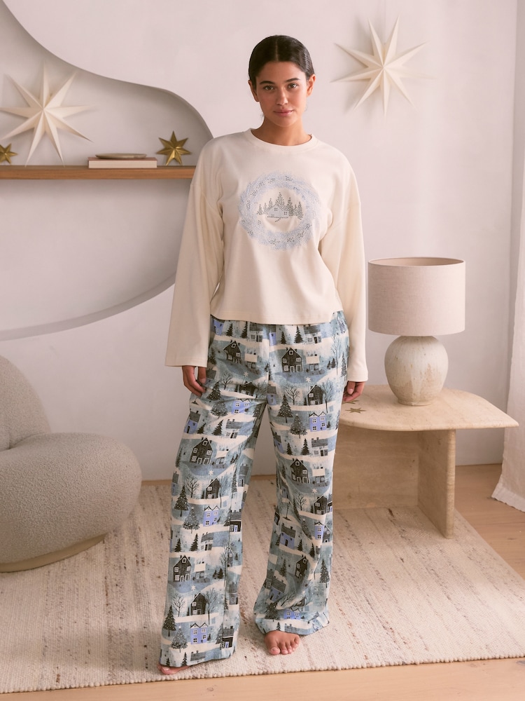 Bath & Body Works Blue Christmas Scene Long Sleeve Flannel Pyjamas - Image 1 of 8 Bath & Body Works Blue Christmas Scene Long Sleeve Flannel Pyjamas - Image 1 of 8