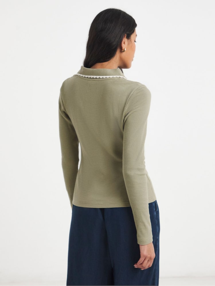 Simply Be Green Contrast Scallop Trim Long Sleeve Polo Top - Image 2 of 4