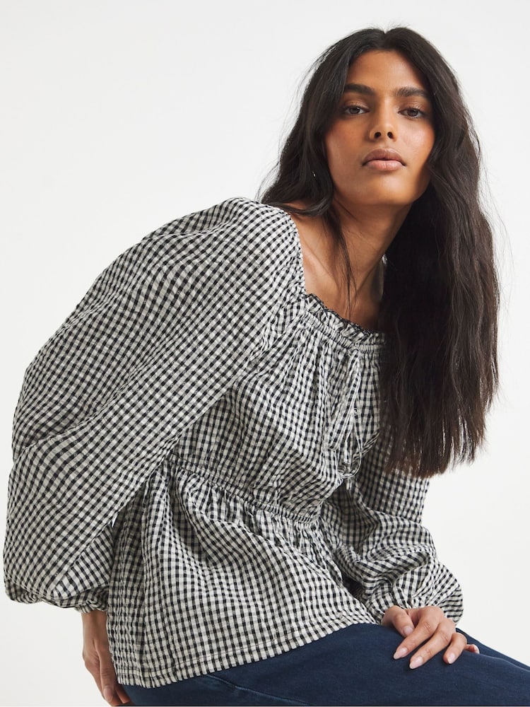 Simply Be Black Gingham Square Neck Blouse - Image 4 of 4