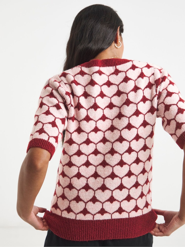 Simply Be Red Puff Sleeve Heart Print Knit T-Shirt - Image 2 of 4