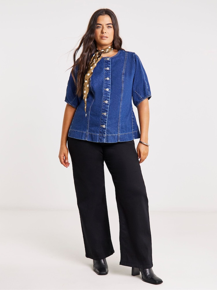 Simply Be Blue Button Through Denim Blouse - Image 1 of 4